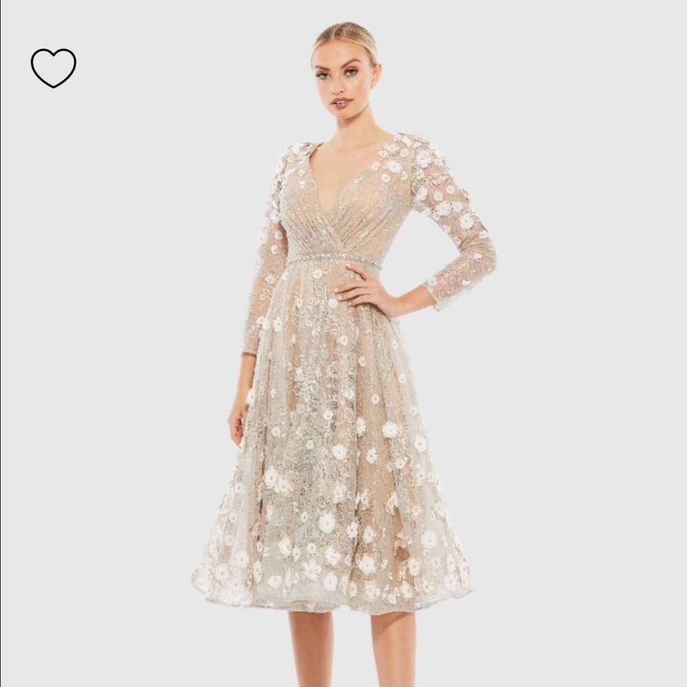 Mac Duggal Tan and White Floral Embellished Gown with Bishop Sleeves